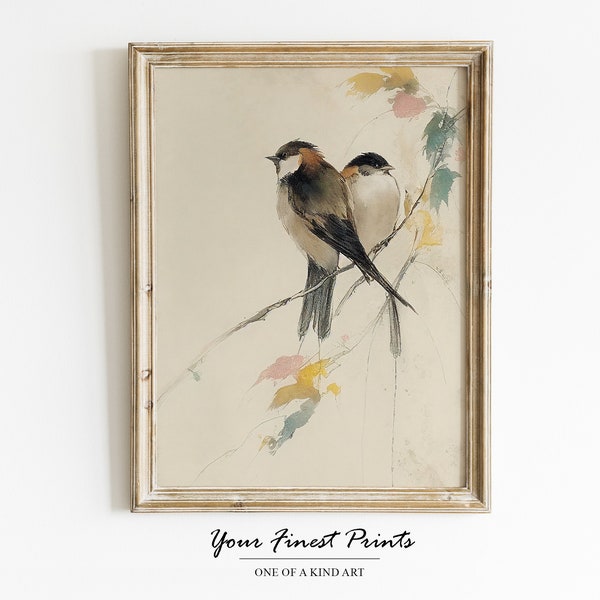 Vintage Bird Watercolor | Neutral Rustic Country Wall Art | Bird Art Sketch | Minimalist Painting | Printable Artwork | Downloadable Print