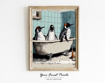 Pinguïns in badkuip | Badafdruk | Vintage surrealistische badkamerkunst | Badkamer kunst aan de muur | Badkamerdecoratie | Badkamerhumor | Downloadbare afdruk