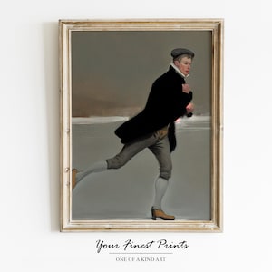 Vintage Winter Wall Art | Gentleman Skating | Moody Neutral Holiday Decor | Winter Oil Painting | Printable Artwork | Downloadable Print