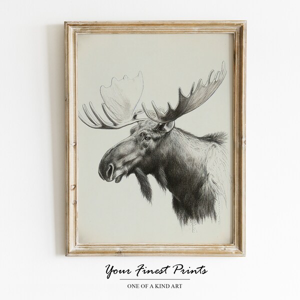 Moose Rustic Sketch Art | Antique Wall Art Print | Cabin Decor | Moose Sketch | Vintage Print | Printable Artwork | Downloadable Print