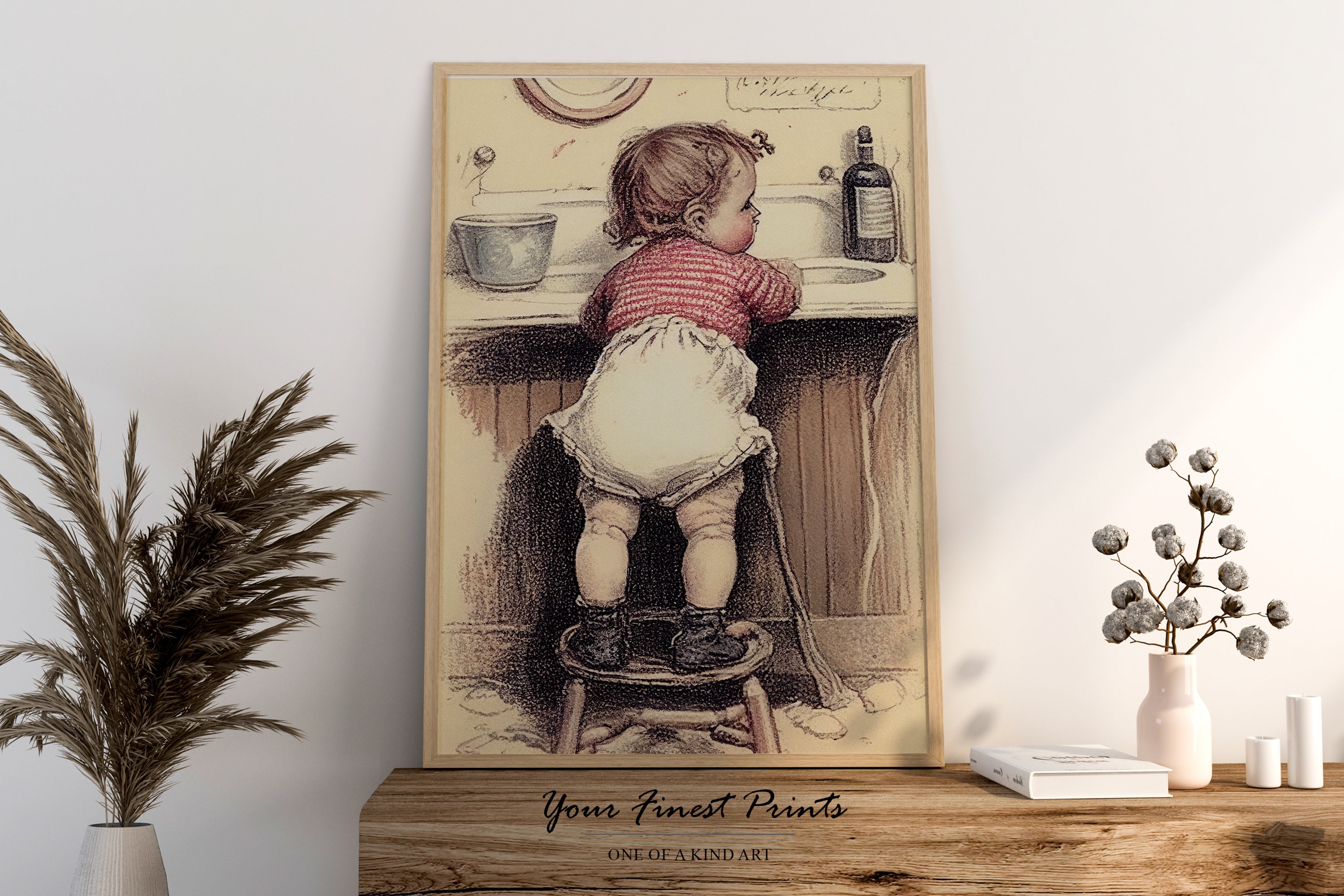 Little Girl at Sink Bathroom Print Vintage Bathroom