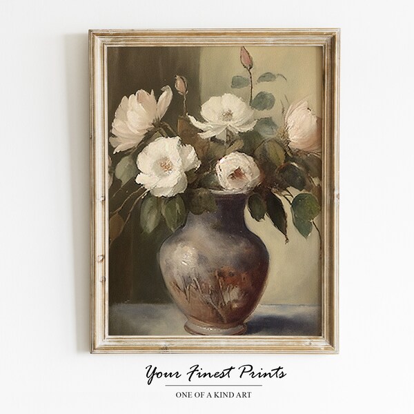 Vintage Flower Still Life Painting | White Roses | Antique | Oil Painting Print | Printable Artwork | Rose Art | Roses | Downloadable Print