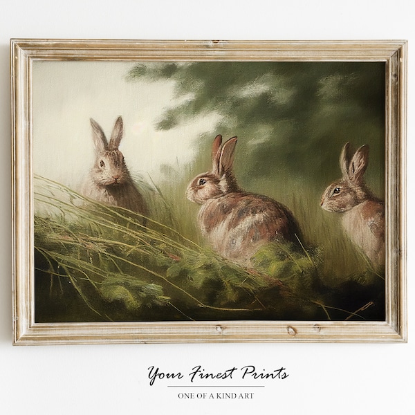 Country Scenery Painting | Moody Scenery | Rabbits in Forest | Antique Farmhouse | Oil Painting Print | Bunny Artwork | Downloadable Print