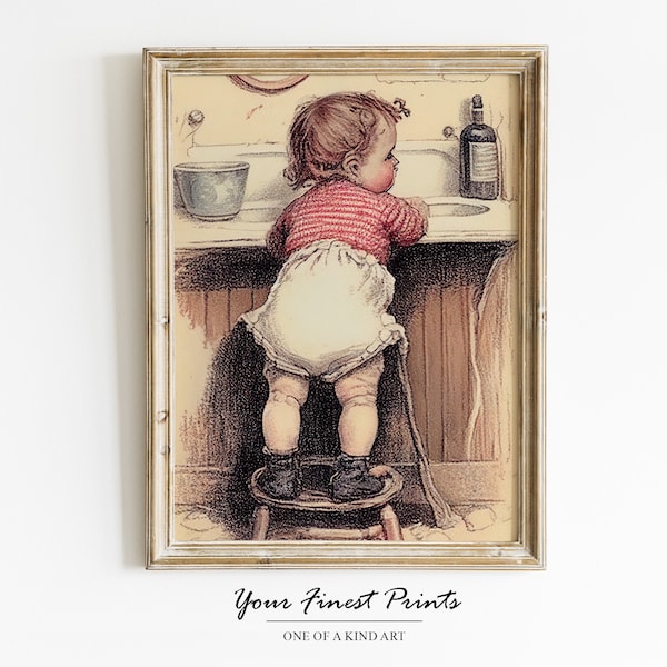 Little girl at sink | Bathroom Print | Vintage Bathroom Art | Bathroom Wall Art | Bathroom Decor | Bathroom Humour | Downloadable Print