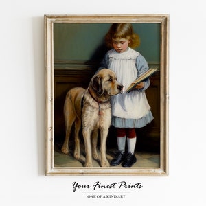 Vintage Girl and Dog Painting | Farmhouse Print | Girls Room Country Decor | Vintage Print | Neutral Country Wall Art | Downloadable Print