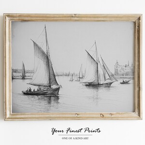 Antique Nautical Sketch Art | Ship Drawing Vintage Boat Art Print | Antique Neutral Lakehouse Print | Printable Artwork | Downloadable Print