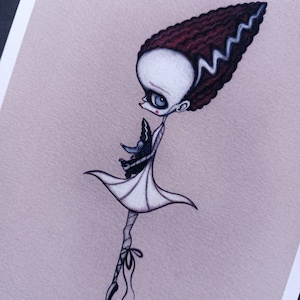 May include: A black and white illustration of a ballerina with green hair and a stitched scar on her face. She is holding a small black creature in her arms and is wearing a white tutu and black ballet shoes.