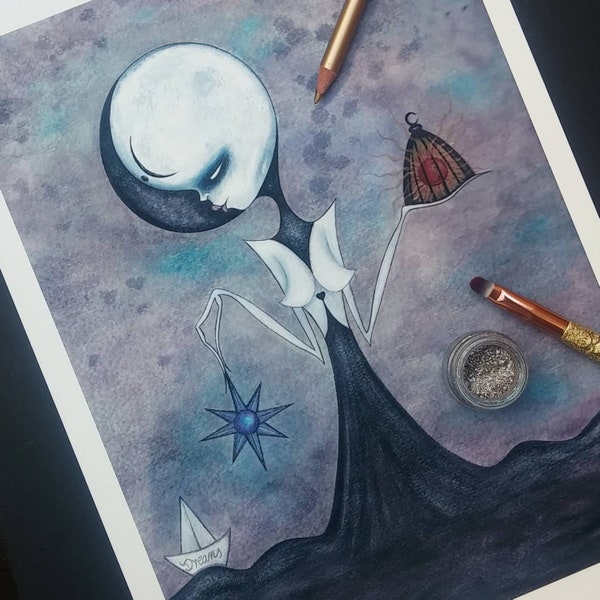 Beloved Luna Art Print - Hand embelished Giclee fine art print A4 - Moon print - Moon art - Gothic art - Dark art - The Moth Stigma