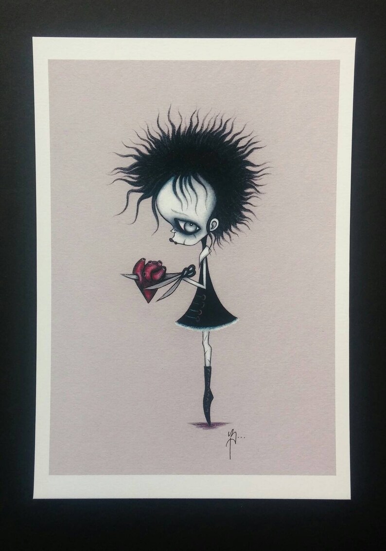 May include: A black and white illustration of a cartoon character with spiky black hair holding a red heart and a pair of scissors. The character is wearing a black dress and black boots. The background is a light purple color.