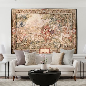 Vintage Wall Art | Hand Woven Flemish Tapestry | French Aubusson Tapestry Wall Hanging | Hand Crafted Large Antique Wall Art 54x77  inches