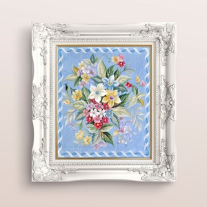 Needlepoint Tapestry | Hand-stitched French Blue Cross Stitch Flower Bouquet Wall Art Wall Hanging 23&quot;x25&quot; (Frame Not Included)