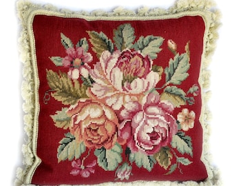 Wool Needlepoint Throw Pillow Cover | Vintage Burgundy Red Floral Roses Cushion Cover | 16x16 Handmade French Antique Style Pillowcase