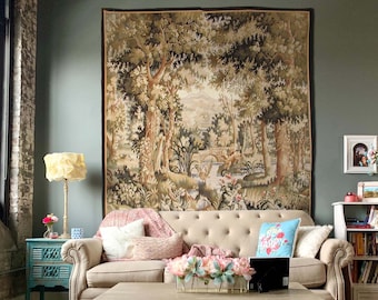 New Handwoven Wool Aubusson Tapestry Vintage French Gobelins Weave Verdure Wall Hanging Landscape Art Tapestry 79"x85"