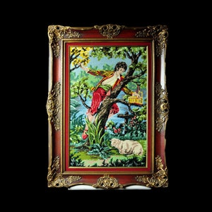 Vintage Hand Carved Wood Frame with Hand Stitched Wool Needlepoint Tapestry | Shepherd Boy and Sheep | Wall Hanging With Gold Decal | 27X38