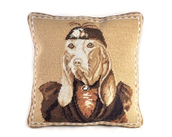 Needlepoint Pillow / Handmade Needlework Dachshund Portrait Cushion / Basset Hound Dog Portrait Cushion Cover / Dog Lover Throw Pillow Cover