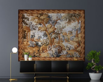 Vintage Aubusson Tapestry | Hand Woven Verdure Tapestry | French Gobelins Weave Renaissance Tapestry | Medieval Wall Hanging Rug 79x63 inch