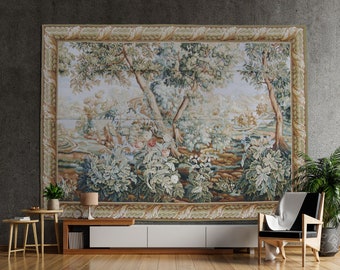 Victorian Style Wall Hanging Tapestry | Large Hand Crafted Verdure Tapestry | Vintage French Wall Art | Wall Hanging Rug 88X120  inch