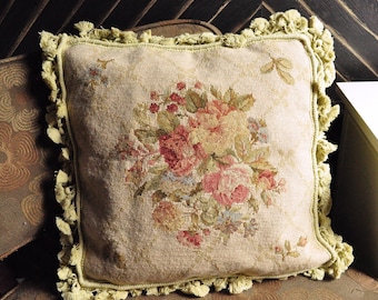 Wool Needlepoint & Petit Point Throw Pillow Cover 16x16 | Vintage Accent Pillow Cover | Home Decor Living Room Floral Cushion Cover