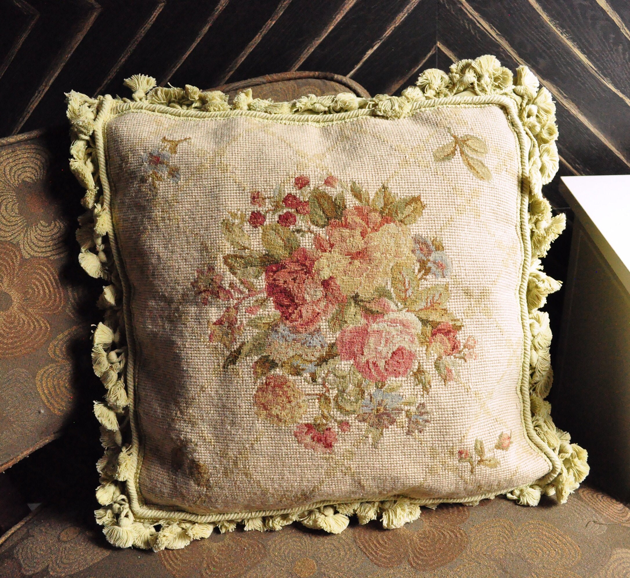 Wool Needlepoint & Petit Point Throw Pillow Cover 16x16 Vintage Accent