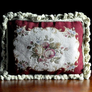 New Wool Needlepoint Petit Point Mix Pillow Floral Roses Burgundy Red Cushion French Country Home Decor Gift for Mom 12x16 Cover Only
