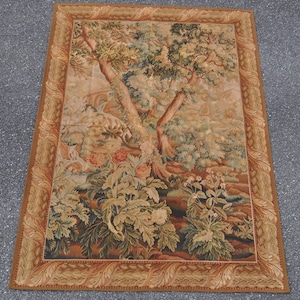 Hand-woven Wool Aubusson Tapestry | Vintage Verdure Wall Hanging | Antique Finished Medieval French Gobelins Weave Wall Art 60X86 inches