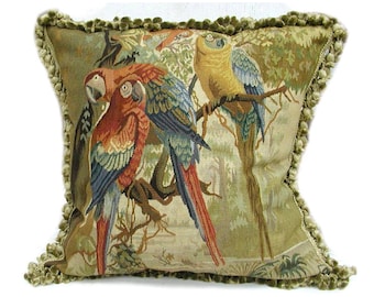 Handwoven Wool Aubusson Throw Pillow Cover | Antique Style French Gobelins Tapestry Weave Pillowcase | Parrots on Branch Cushion Cover 22x22