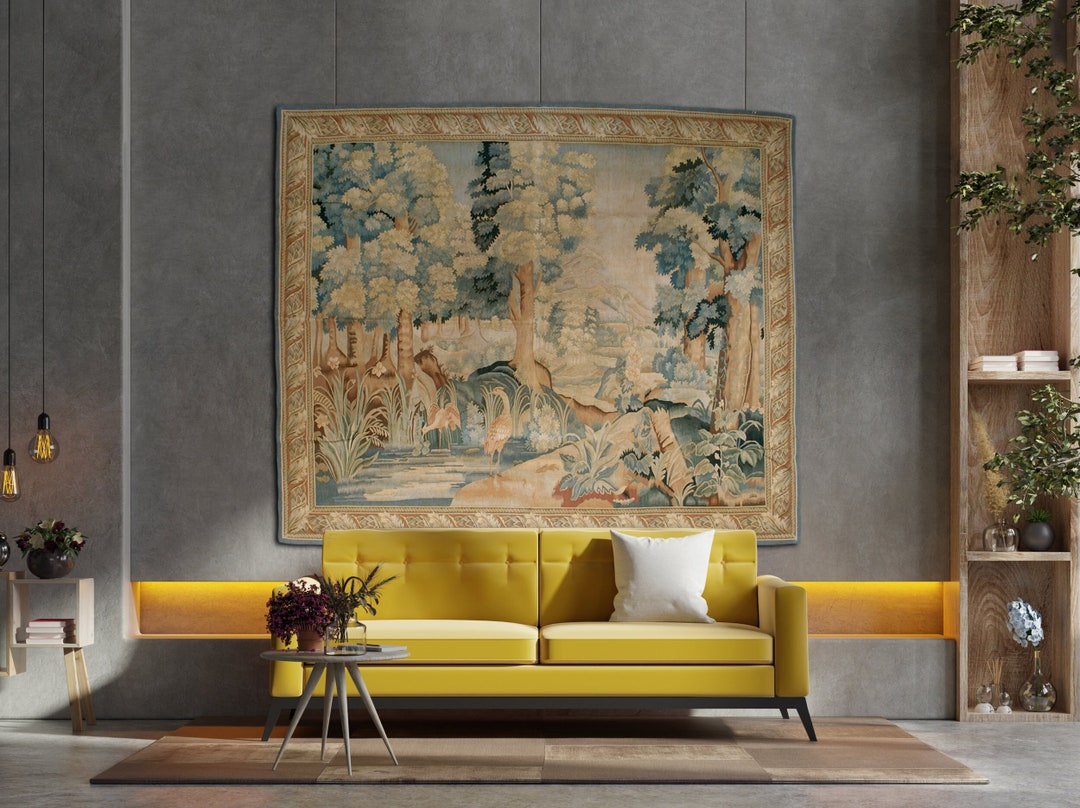 Handwoven Aubusson Wall Tapestry Antique Verdure Tapestry Rustic French Cottagecore Wall