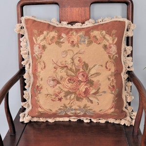 Handwoven Wool Petit Point Throw Pillow | Rose Needlepoint Cushion | Vintage Floral French Country Pillowcase 18x18 (Cover Only)