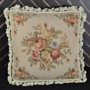 English Garden Floral Pillow, Beige Floral Needlepoint Pillow Cover  Vintage English Throw Pillow Accent Pillow English Floral Cushion 18x18