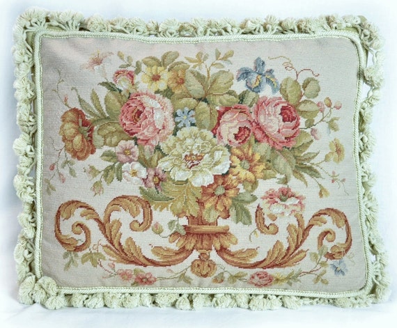 Beige Petit Point Pillow Cover Floral Needlepoint Cushion Cover 16x20 Rose Bouquet Pillow Cover Vintage French Country Throw Pillow Etsy