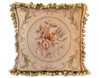 Ręcznie tkana wełniana poszewka na poduszkę Aubusson | Antyczna poszewka na poduszkę z gobelinami francuskimi do rekreacji, instrumenty muzyczne, 18x18