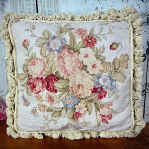Wool Petit Point Tapestry Throw Pillow Cover | Hand-stitched Needlepoint Accent Cushion Cover | 16x16 Vintage Pillowcase Gift for Mom