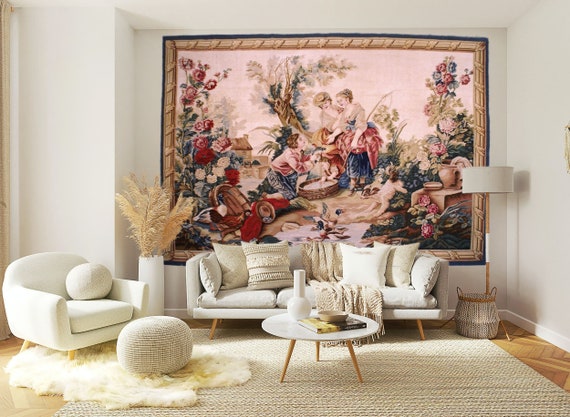 Hand-woven Aubusson Tapestry Mid Century Fishing Tapestry Country Life Wall  Hanging Vintage French Medieval Wall Art 61x86 Inch 