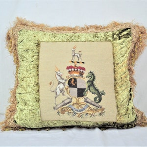 Wool Needlepoint Pillow Cover | Handmade European Crest Cushion Cover Coat of Arms Pillowcase for Chair Couch Sofa Bed Window Seat 17x20