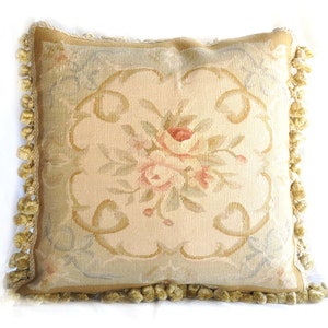 Handwoven Wool Aubusson Throw Pillow Cover | Antique Recreation French Gobelins Tapestry Weave Pillowcase | Floral Roses Cushion Cover 18x18