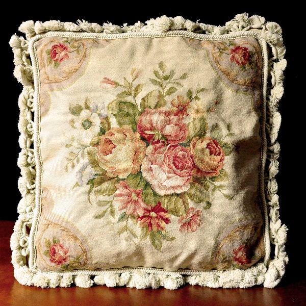 Vintage Wool Petit Point Cushion Cover | Throw Pillow Cover | Floral Rose Bouquet Accent Pillow Case | Needlepoint Cushion Cover 16x16