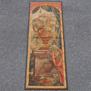 Handwoven Wool Aubusson Tapestry Wall Hanging Panel Antique Finished French Gobelins Weave Wall Tapestry 26x74 Inches