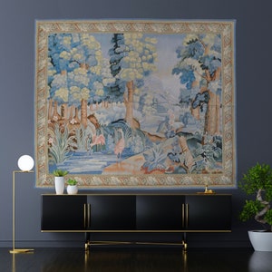 Handwoven Wool Aubusson Wall Tapestry Verdure Tapestry | Rustic French Cottagecore Wall Decoration | Large European Wall Hanging 78x65in