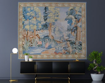 Handwoven Wool Aubusson Wall Tapestry Verdure Tapestry | Rustic French Cottagecore Wall Decoration | Large European Wall Hanging 78x65in