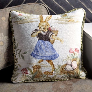 Luxury Throw Pillow Cover | Handmade Wool Needlepoint Easter Bunny Dancing Rabbit Cushion Cover / Pillow Case 16x16