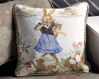 New Completed Needlepoint Pillow Cover Easter Bunny Dancing Rabbit Cushion 16x16