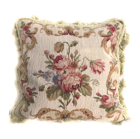 Vintage White Needlepoint Roses Cushion Cover Luxury French Etsy