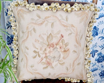 Funda de almohada de tiro Aubusson de lana tejida a mano / Recreación antigua Gobelinos franceses Tejido Tapiz Funda de almohada Instrumentos musicales Cojín 18x18