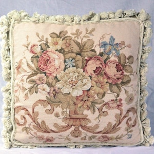 Beige Petit Point Pillow Cover | Floral Needlepoint Cushion Cover 16x16 | Rose Bouquet Pillow Cover | Vintage French Country Throw Pillow