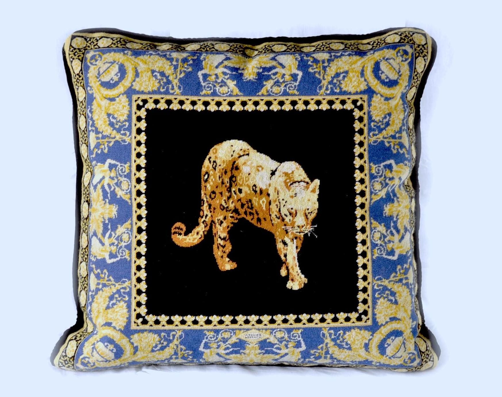 Versace Leopard Needlepoint Pillow Cover, Hand-stitched Wool