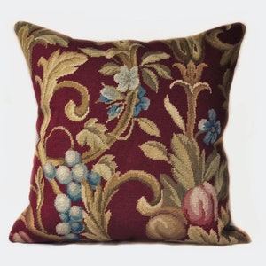 Custom Made in Canada Wool Needlepoint Throw Pillow Cover Scrolls Fruits Grapes Peaches Acanthus Leaves Burgundy Red Cushion 22x22