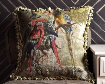 Aubusson Pillow | Handwoven French Gobelins Tapestry Weave Cushion Cover 22x22  Parrot Pillowcase for Chair Couch Sofa Bench Bed Window Seat