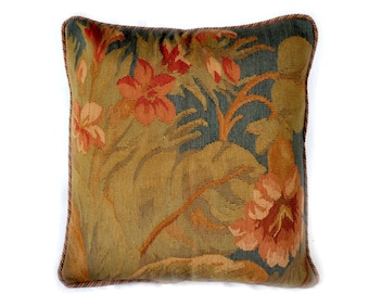Handwoven Wool Aubusson Tapestry Pillow Cover Antique Recreation French Gobelins Weave Tapestry Pillowcase Cushion Cover 18x18