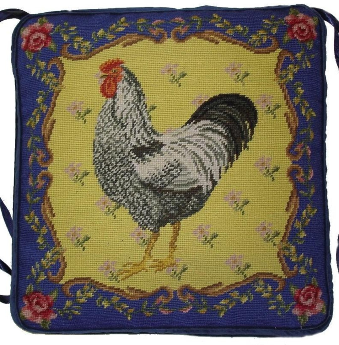 Chair Cushion for Dining Room Handmade Wool Needlepoint Silver Laced