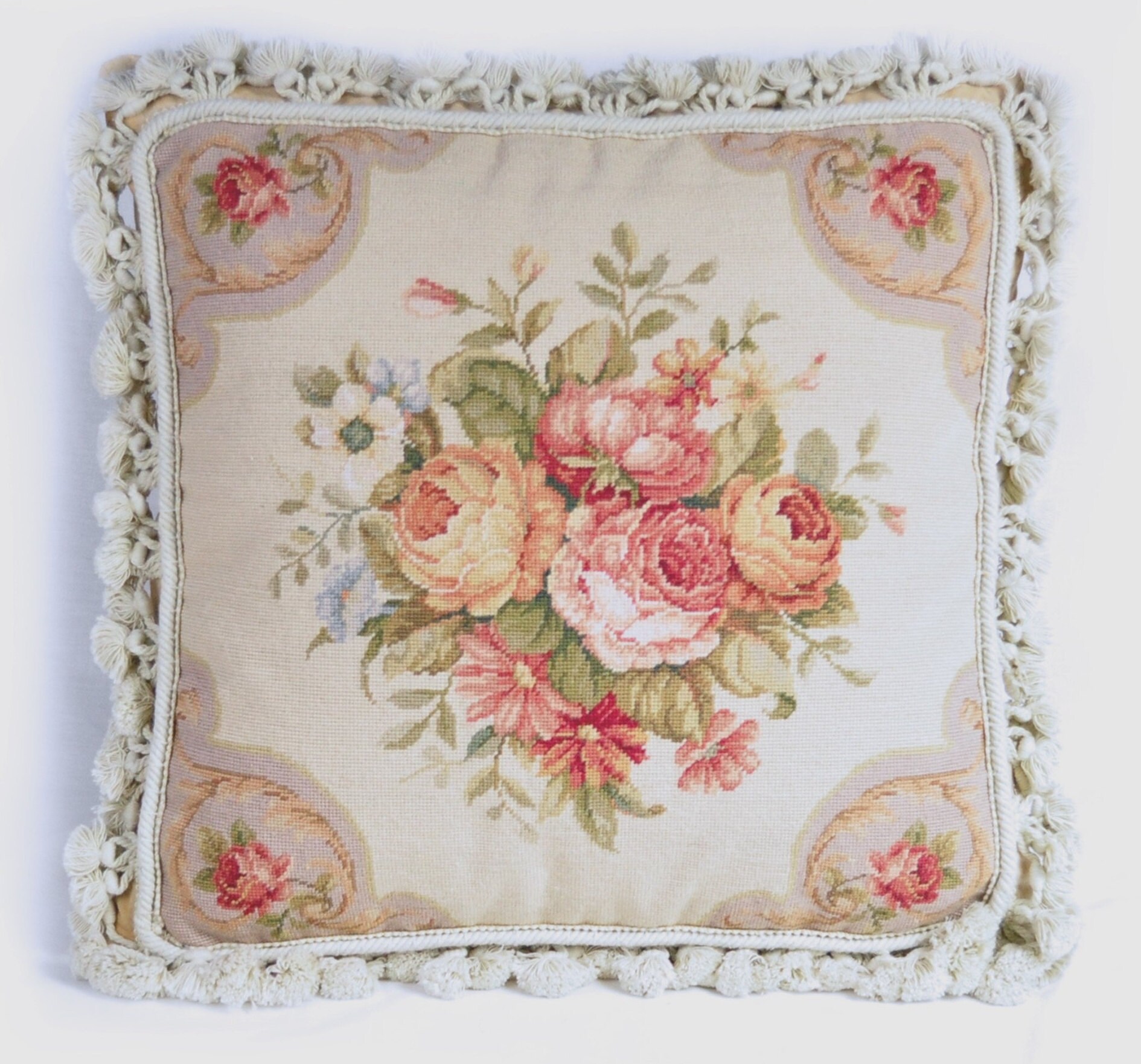 Needlepoint Pillow Petit Point Rose Bouquet Cushion Cover Etsy